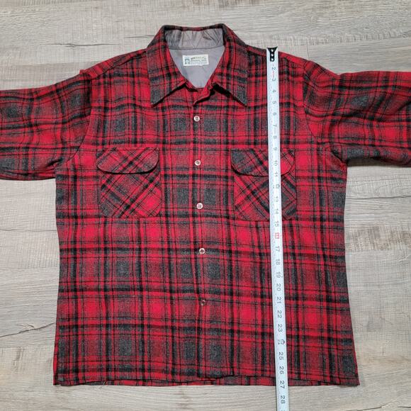 Vintage 80s Wool Flannel Shirt Jacket Mens Size Large Plaid Lumberjack JM Fields - Picture 4 of 6